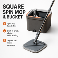 Ensemble seau et serpillière carrée avec brosse de nettoyage intégrée, essorage mains libres, couverture large, tampon microfibre, bouchon de vidange pour la maison