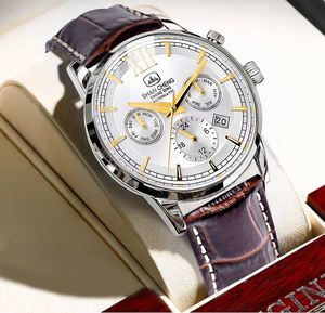 Weicam Montre pour homme, mode <span class=keywords><strong>d</strong></span>écontractée, boîtier en alliage, bracelet en cuir imperméable, analogique, quartz, chronographe, calendrier, chiffres romains - Product Image 3