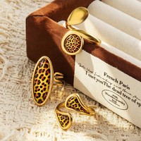 Bague ouverte ovale géométrique vintage en acier inoxydable doré à imprimé léopard style bohème pour femme - Vente en gros
