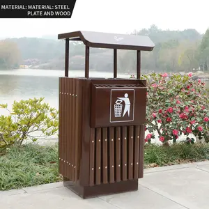 批发价格长方形木质户外公共垃圾桶公园垃圾桶木质垃圾桶带烟灰缸
