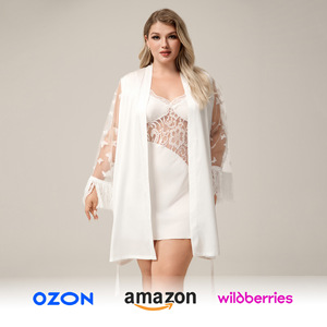Nuova <span class=keywords><strong>Vestaglia</strong></span> Corta da Notte in Raso e Chiffon Taglie Forti 2026 da Donna, Comoda con Bordo in <span class=keywords><strong>Pizzo</strong></span> - Product Image 1