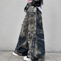 DiZNEW Jeans pour hommes style Wasteland, déchirés, à empiècements, coupe ample et jambe large, en denim, tenue Darkwear, OEM