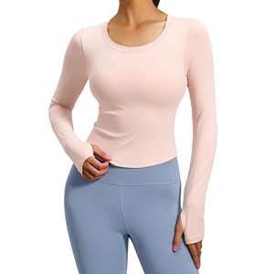Slim Fit Cropped Women Yoga Long Sleeve <b>Top</b>, Built-in Removable Bra Pads Thumbhole Fitness Gym Sport Wear - Product Image 5