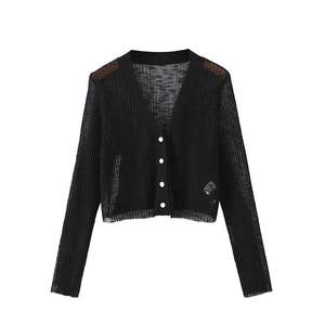 Runqi <b>Black</b> Ribbed Sheer Cardigan N8345 Sun Protection Women's <b>Long</b> <b>Sleeve</b> Lightweight Knit <b>Top</b> Solid Color Fashion - Product Image 1