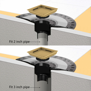Siphon de douche doré brossé avec grille de drain encastrable de 4 pouces, incluant un col et un anneau de réglage de hauteur pour bac Schluter - Product Image 4