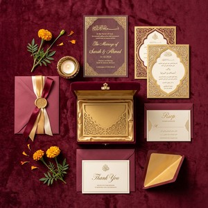 Set di Scatole per Inviti Matrimoniali Arabi di Lusso con Foglia d'Oro |   Fornitore all'Ingrosso di Suite Nikkah in Velluto Tagliato al Laser - Product Image 4