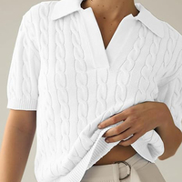 Jersey de punto de algodón con cuello en V y solapa sólida cómoda para mujer, jerséis informales de manga corta, Tops, ropa suave de diseño clásico