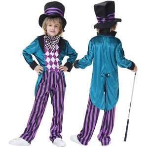 Ensemble de costumes parent-enfant Chapeau Fou, veste en velours bleu-vert, pantalon rayé violet, haut-de-forme, cosplay - Product Image 3