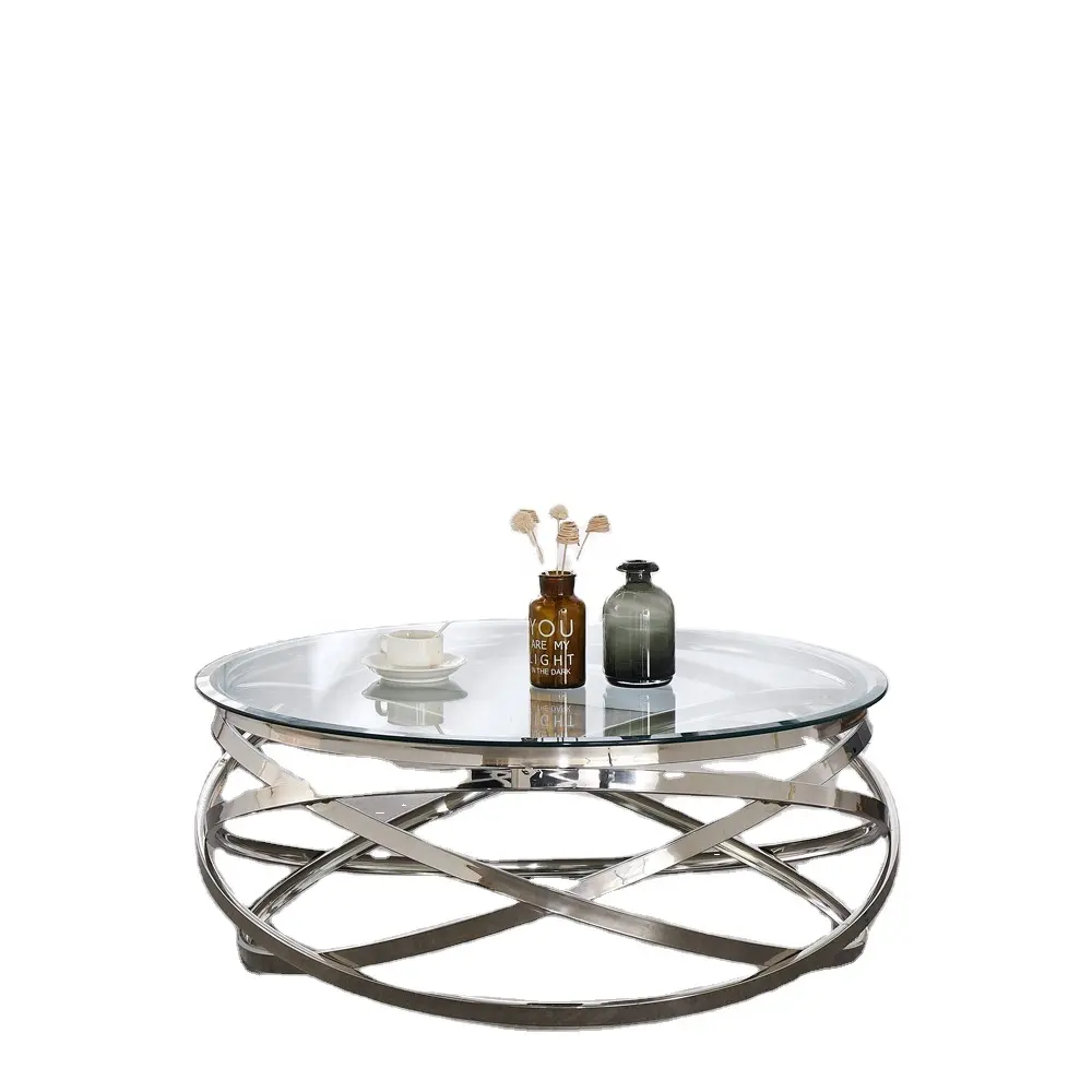Tavolino da caffè dal Design moderno nuovo popolare acciaio inossidabile in metallo argentato con tavolino superiore in vetro temperato in vendita