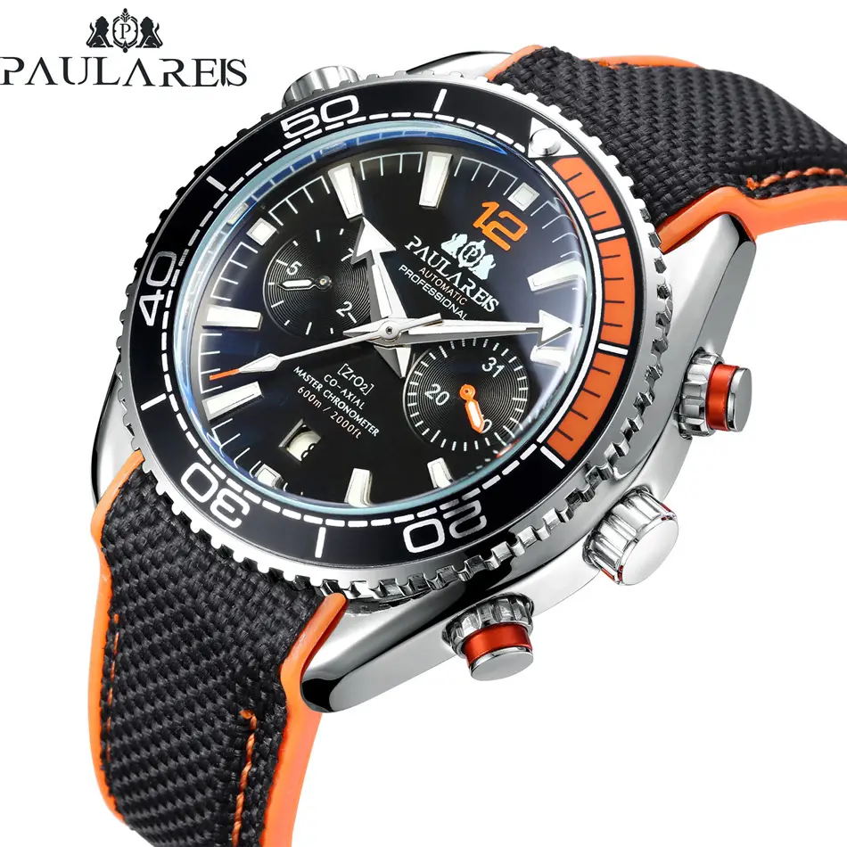 New Paulareis Mens Watches Automatic Self Wind Mechanical Canvas Rubber James Bond 007 Style Multifunction Date Month