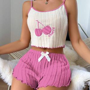 Conjunto de Pijama de Verano Estilo Europeo Americano para Mujer, Camisola y Pantalones Cortos de Nylon Elástico con Cintura Elástica, Disponible en Stock - Product Image 1