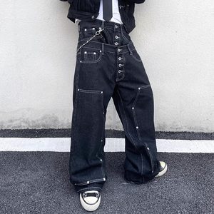Jean Baggy Noir en Denim Personnalisable avec Double Taille, Boutons et Poches, Denim Noir Uni, Style Streetwear pour Hommes - Product Image 3