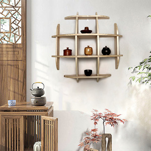 Solid Wood Chinese Style <b>Wall</b> Mounted <b>Display</b> Shelf 70 Compartment Natural Color Tea Set Holder Living Room Storage Rack - Product Image 1