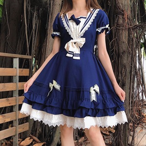 Falda Lolita Azul Marino, Corte en A, Cintura Imperio, Cuello con Lazo, Estilo Princesa, Atuendo de Verano, 60% Contenido - Product Image 4