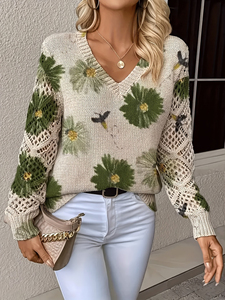 <span class=keywords><strong>Pull</strong></span> imprimé best-seller, élégant, bohème, à fleurs, col en V, manches longues, hauts décontractés amples et tendance pour femmes - Product Image 3