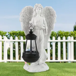 Statua da Giardino di Angelo in Resina Bianca <span class=keywords><strong>con</strong></span> Lanterna Solare Sospesa, Scultura di Angelo <span class=keywords><strong>con</strong></span> Colomba, Decorazione per Cimitero e Giardino - Product Image 1