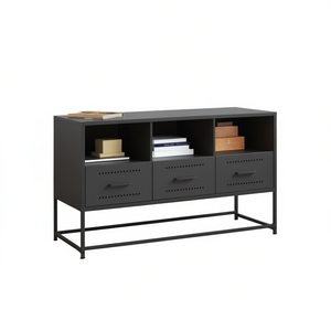 Meuble TV rectangulaire en acier noir, 3 tiroirs, 3 étagères, style industriel moderne, meuble de rangement pour salon - Product Image 1