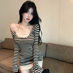 French Style Elegant Halter Striped Long Sleeve Top With Flared Sleeves Slim Fit Daily Wear Casual Dress - Product Image 5