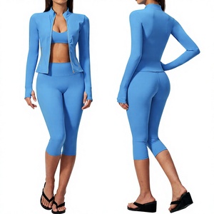 Nuevo Conjunto Deportivo de Yoga de Tres Piezas para Mujer, Cintura Alta, Control de Abdomen, Cierre con Cremallera, Efecto Adelgazante, Tejido Transpirable de Spandex/Nylon - Product Image 1