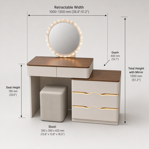 Moderno Set de Tocador de Maquillaje de MDF con Espejo Redondo Iluminado, Escritorio Extensible, Cajonera Móvil y Taburete para Dormitorio - Product Image 5