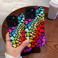 Coque de téléphone portable en cuir TPU souple avec impression de cœur coloré pour iPhone X Xr Xs 11 12 13 14 15 16 17 18 Pro Max