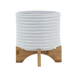 Vaso in ceramica con supporto in legno, fioriera moderna testurizzata per decorazioni da giardino, patio e casa - Product Image 2