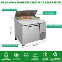 Mesa Refrigerada Comercial para Preparación de Pizza de 44 Pulgadas, Tabla de Cortar de 11 Pies Cúbicos, Almacenamiento en Frío, Ruedas, Certificación ETL