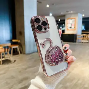 For IPhone15 Pro Luxury Bling Mobile Phone Case New Design 3D Swan Diamond Phone Case For IPhone 15 14 13 12 11