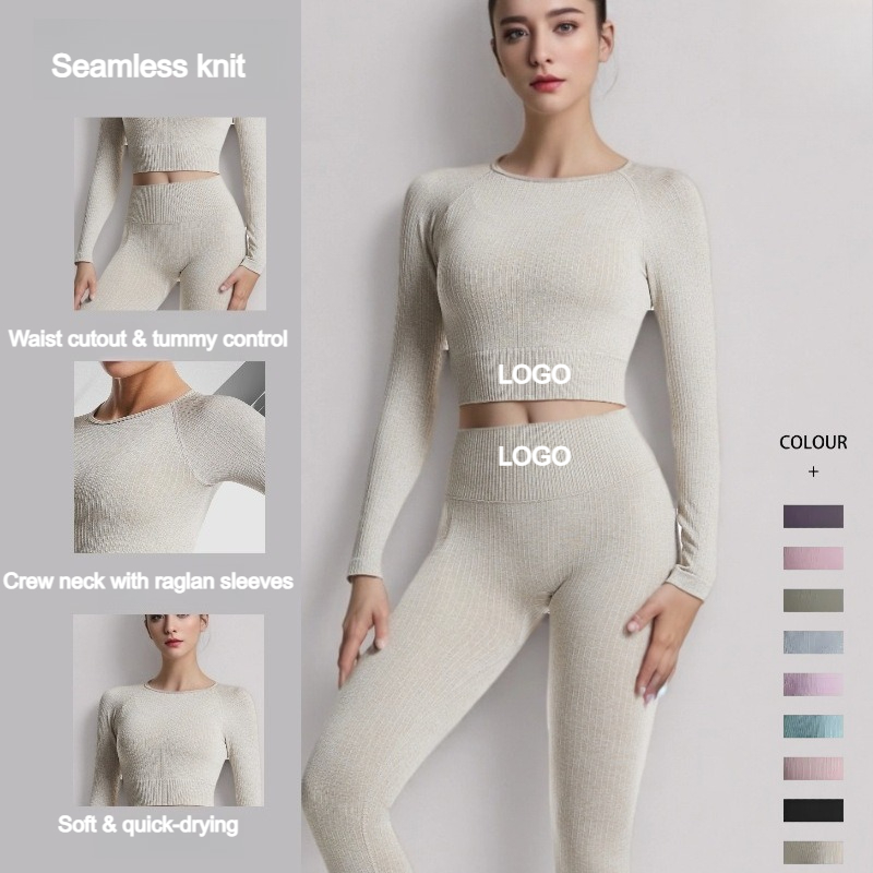 Custom LOGO Ribbed Seamless Yoga Crop Top Round Neck Long Sleeve High Elastic Workout T-Shirt