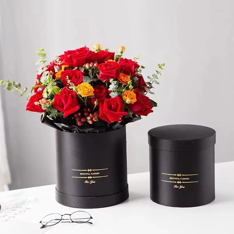 Romantisches kundenspezifisches Logo Luxus-Rosenverpackungspapier Zylinder starrer Karton mit Geschenk-Blumentüte