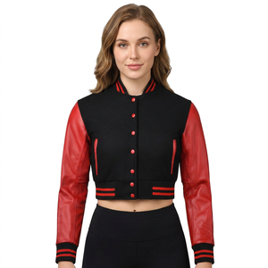 <b>Women's</b> Varsity <b>Jacket</b> Black Knitted Body Red PU <b>Leather</b> Sleeves Button Closure Short Length Stand Collar Autumn Wear - Product Image 1