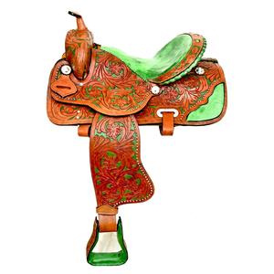 Silla de montar occidental de cuero para caballo con acolchado verde y diseño floral. - Product Image 1