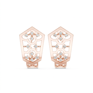 Boucles d'oreilles ethniques plaquées or rose avec diamants, motif géométrique ajouré, serties griffes, pour femme, idéales pour fêtes et mariages - Product Image 1