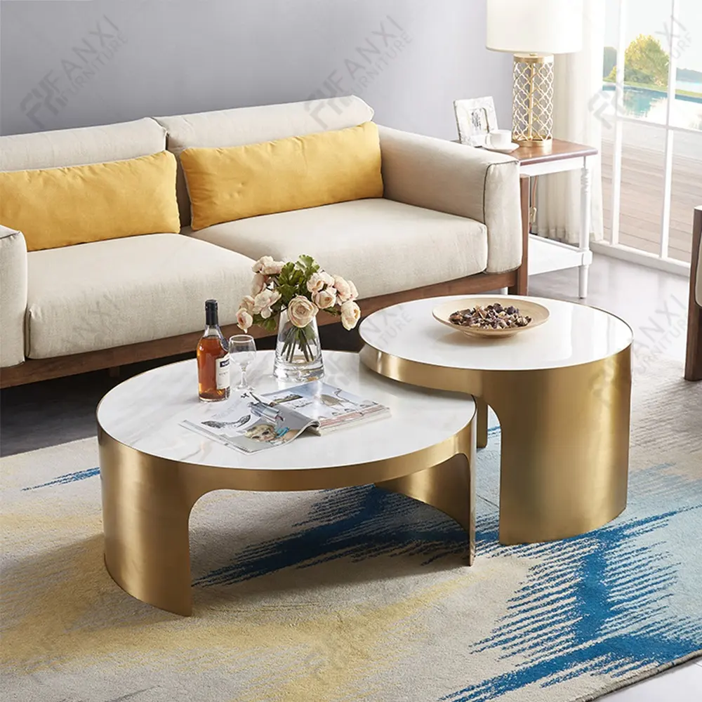 Furnitur ruang tamu marmer atas desain meja mewah travertine bulat modern Marmer kopi set dan meja samping