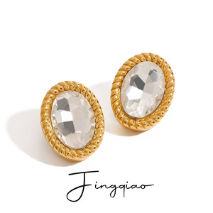 <b>Stud</b> <b>Earrings</b> Oval Glass Stone 18K Gold Bezel Setting Fashion Jewelry - Product Image 5