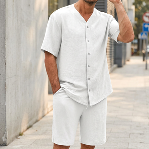 Men's <b>White</b> V-Neck Button-Up <b>Short</b> Sleeve Shirt and <b>Shorts</b> Set Breathable Cotton Loose Fit Summer Outfit - Product Image 4