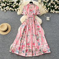 Robe longue décontractée pour femme WIWT, élégante, à imprimé floral rose, coupe trapèze, manches courtes, ceinturée, boutonnée, pour tous les jours et les vacances