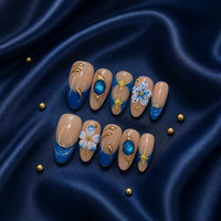 Faux ongles de luxe faits à la main, bleu roi, pierres précieuses, motif floral 3D, breloques étoiles dorées, longs, forme amande ou cercueil, vente en gros
