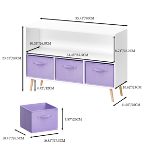 White &amp; Purple 3 Drawer Kids Bookcase with Collapsible Fabric Bins, Safe Wooden Toy Storage Organizer <strong>for</strong> <strong>Children</strong> <strong>s</strong> Room - Product Image 2