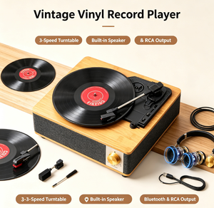 Tocadiscos de vinilo con panel de madera, directo de fábrica, con cubierta antipolvo, altavoz estéreo incorporado, USB, logotipo personalizado, para decoración vintage de escritorio en el hogar. - Product Image 2