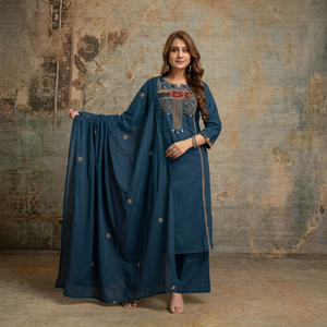 Blue Cotton Ethnic <b>Kurta</b> Palazzo Set with Hand Drawn Print and Dupatta for <b>Women</b> Casual Wear - Product Image 1