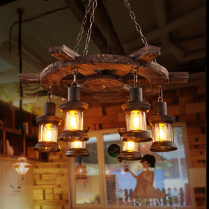 Lustre rustique en bois avec 4 lanternes en verre, suspension LED E27, lumière blanc chaud 2700K, style ferme, plafonnier chocolat, intensité variable - Product Image 4