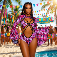 Supplier Grosir Monokini OEM Custom dengan Cetak Refraktif, Lengan Lonceng, Potongan O-Ring, untuk Karnaval Miami Jouvert, Pakaian Minggu, Kostum Mas