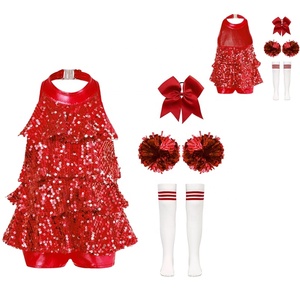 4-16 <b>Girls</b> Kids Cheerleading Uniform Sequin Halter <b>Dress</b> Set with Socks Bow Pom Poms for Toddler Kids Cheer Dance Class - Product Image 3