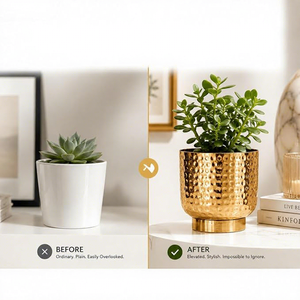 Pot de fleurs en laiton martelé doré avec base, jardinière décorative moderne pour bureau - Product Image 2