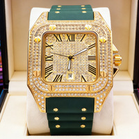 Montre de luxe pour homme avec bracelet en silicone, cadran romain entièrement serti de diamants, style hip-hop, montre à quartz personnalisée de haute qualité pour hommes