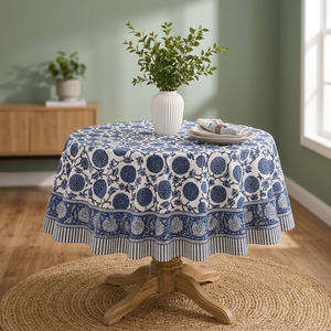 Nappe PRABHAVA de qualité supérieure, faite à la main, imprimée au bloc, 45 pouces, en lin et coton, motif floral, style moderne, lavable, personnalisable, pour fêtes - Product Image 3