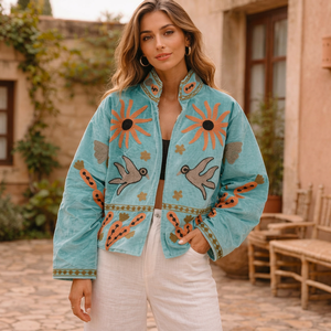 Veste pour femmes en velours turquoise brodée de motifs Suzani, offrant confort et style, manteau bohème pour femmes, cadeau idéal pour les enseignantes - Product Image 1
