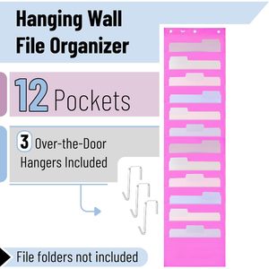Organisateur de fichiers mural suspendu rose à 12 poches avec 3 crochets de suspension pour portes et murs, rangement de bureau - Product Image 3
