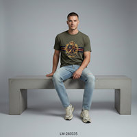 T-shirt décontracté en coton vert olive pour homme, style preppy, avec logo brodé et détails rayés, OEM ODM